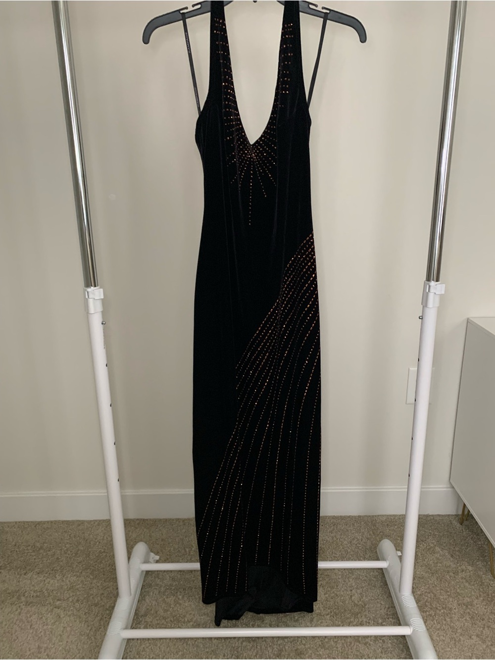 Rampage Black Velour Maxi dress with Gold Beaded Lines